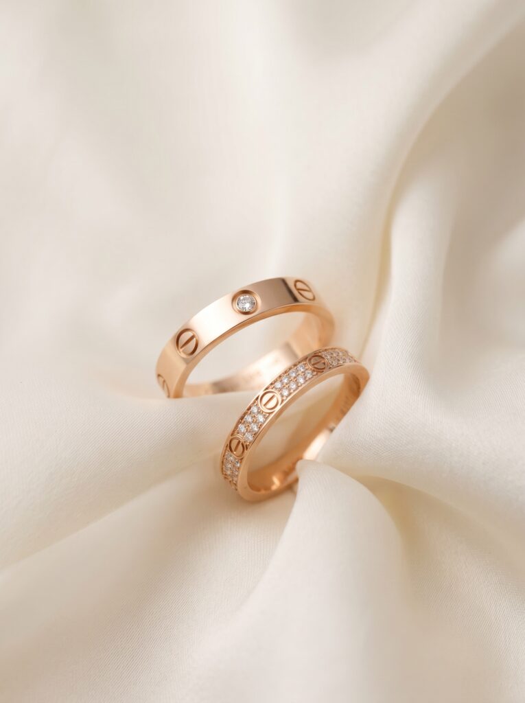 Diamond Love Motif Couple Wedding Bands