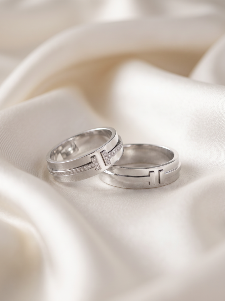 Modern White Gold Wedding Band Set with Diamond Accent